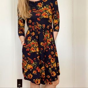 Floral Midi Dress with 3/4 Sleeves & Pockets